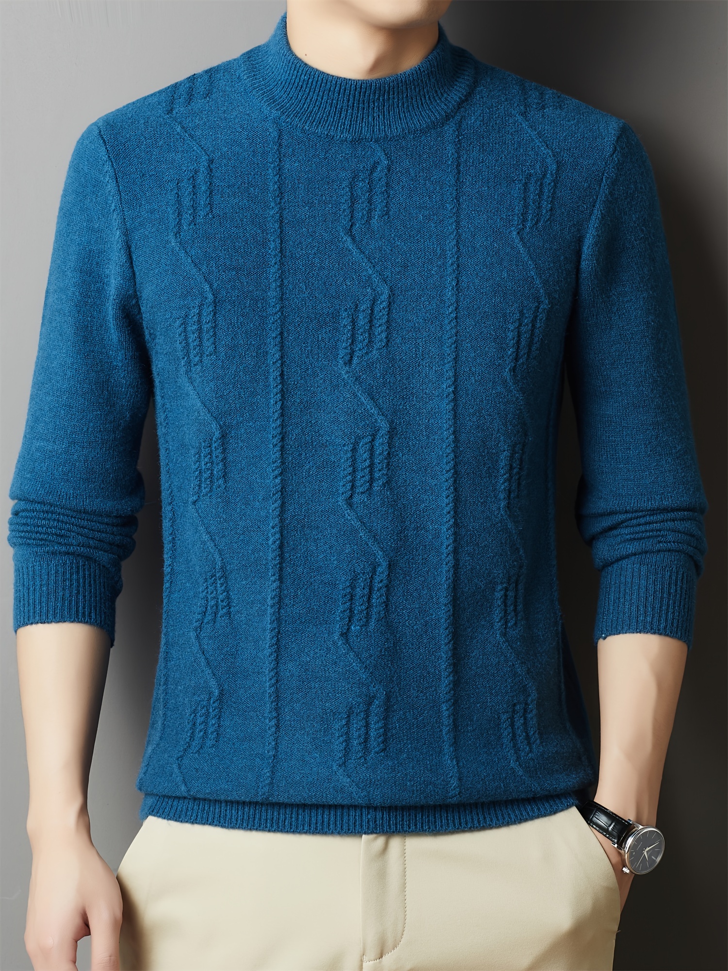 Cozy & Stylish Men s Knit Sweater - Solid Color, Round Neck, Long Sleeve Pullover for Fall/Winter | Soft Polyester details 2