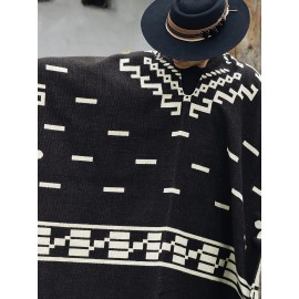 Casual V-Neck Tribal Pattern Poncho with Tassels - Polyester & Acrylic Blend, Non-Stretch Woven Fabric, Fall/Winter Warmth - Western Bandit Inspired Cape for Outdoor Adventures and Shopping