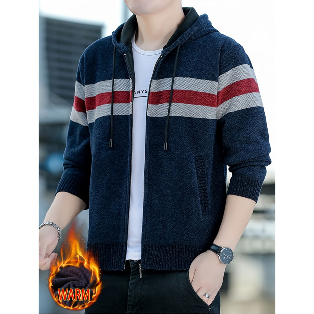 1pc Men'S Casual Color Block Chenille Hooded Knit Jacket - Polyester Long Sleeve Zip-Up with Slight Stretch, Regular Fit Hooded Sweater for Fall/Winter