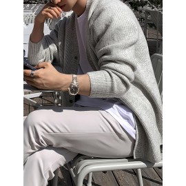 Men'S Casual V-Neck Cardigan, Polyester Knit Fabric, Solid Color, Long Sleeve, Loose Fit, with Button Detail, for Fall/Winter Collection
