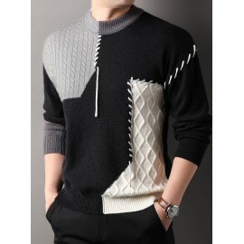 1pc Men'S Korean Style Crew Neck Sweater, Casual Striped Pattern, Rib-Knit, Slight Stretch, Loose Fit, Acrylic Knit Fabric, Thick Warm Patchwork Pullover for Fall/Winter - Fashionable Color Block Base Layer Top [12422]