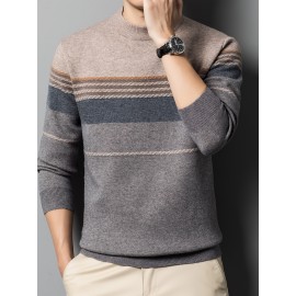 1pc Men'S Casual Striped Crew Neck Sweater, Polyester Knit Long Sleeve Pullover, Mature Style Solid Color Warm Top for Sports and Leisure