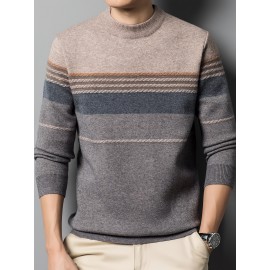 1pc Men'S Casual Striped Crew Neck Sweater, Polyester Knit Long Sleeve Pullover, Mature Style Solid Color Warm Top for Sports and Leisure