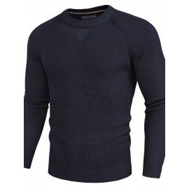 Men Waffle Textured Sweater Long Raglan Sleeve Crew Neck Ribbed Cuff Pullover