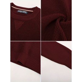 Men Waffle Textured Sweater Long Raglan Sleeve Crew Neck Ribbed Cuff Pullover