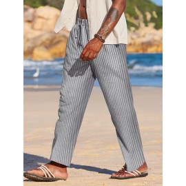 Men's Lightweight Striped Casual Pants with Elastic Waist and Pockets - Perfect for Casual Attire
