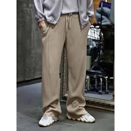 Men's Drawstring Pants Mid Waist Straight Leg Long Pants Casual Solid Color Ribbed Pants