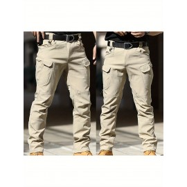 1pc Men'S Tactical Cargo Pants - Solid Color, All-Season, Polyester, Regular Fit, Slight Stretch, Multi-Pocket Design, Casual Style, Woven Trousers for Adults