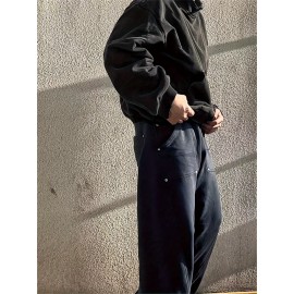 Men's Trendy Solid Color Street Style Loose Fit Pants, Comfy Casual Classic Cotton Trousers For Men's Outdoor Activities