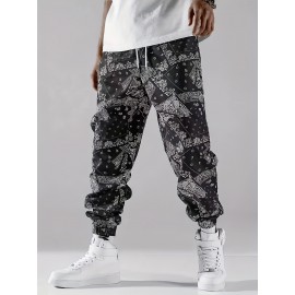 Stylish Paisley Print, Men's Casual Cuffed Pants, Breathable Lightweight Comfy Drawstring Pants