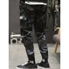 Men's Camo Cargo Pants with Flap Pockets & Drawstring Waist - Casual Outdoor Workwear, Polyester