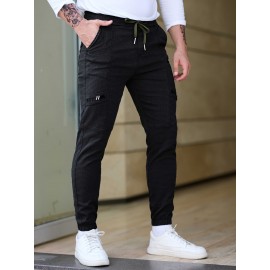 Men's Cotton Blend Label Decor Jogger Pants With Drawstrings, Casual Loose Fit Harem Trousers As Gift