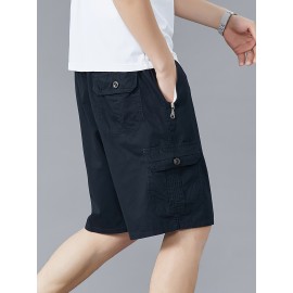 Casual Solid Men's Regular Fit Elastic Waist Cotton Cargo Shorts With Side Pockets For Summer Outdoor Leisure And Work