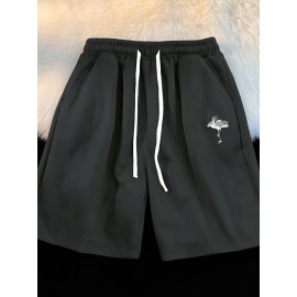 1pc Crane Emblem Casual Shorts, Polyester Knit Fabric with Slight Stretch, Regular Fit with Pockets, Alphabet Pattern - Comfortable Summer Wear