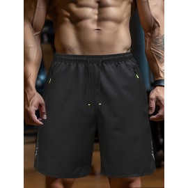 Men's Solid Shorts With Zipper Pockets, Casual Elastic Waist Drawstring Shorts For Summer